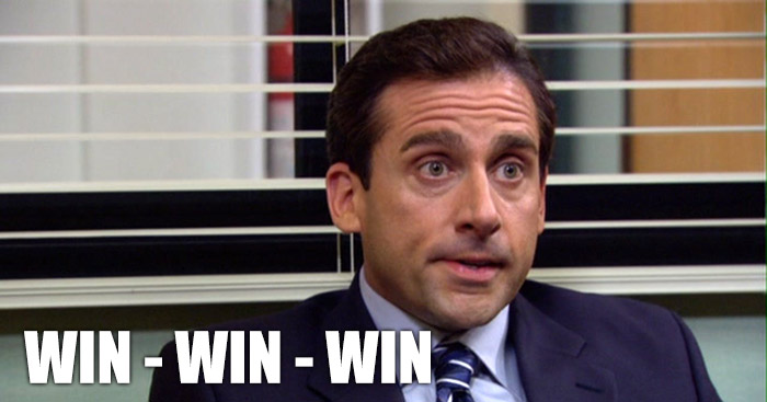 Win/Win is number four and number five is win/win/win. The important
difference here is with win/win/win, we all win. Me too. I win for having
successfully mediated a conflict at
work.